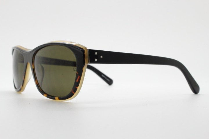 Linda Farrow Luxe sunglasses made in Japan. Blended black and tortoise layered acetate. Gallery Projects Vintage. NOS