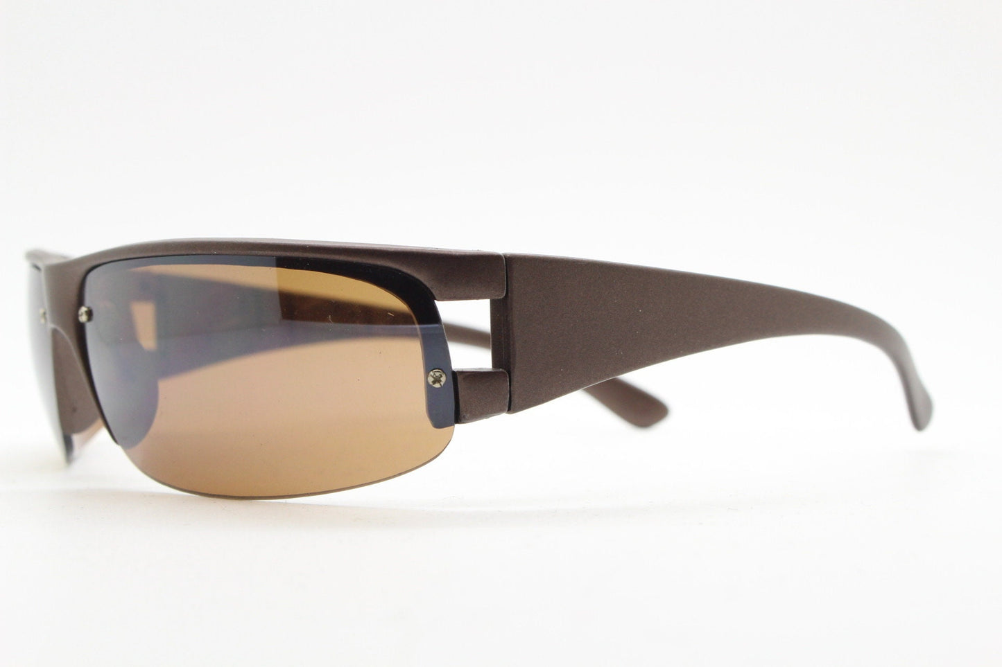 90s vintage visor sunglasses. Brown matt half frame wrap around sports shield with light tone lenses. Mini mask. 2000's. Y2K NOS