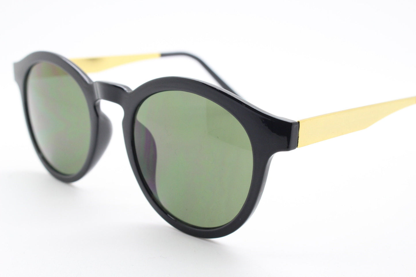 90s vintage round sunglasses. Black gloss frame with contrasting gold arms