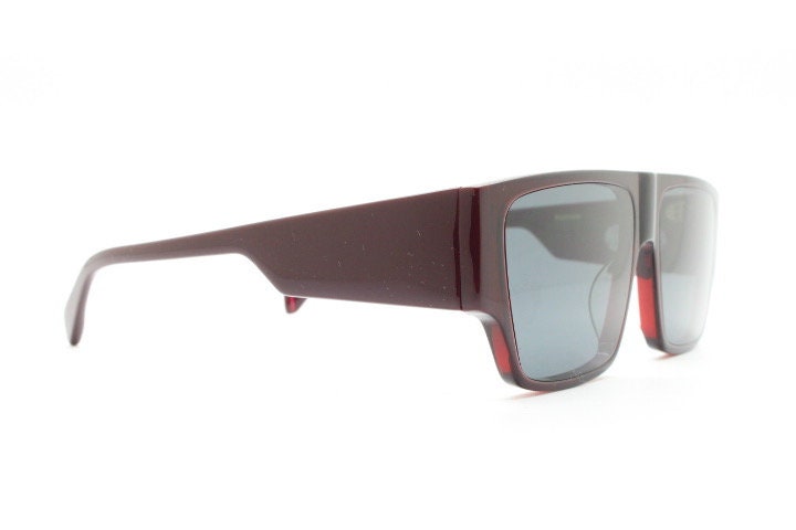 Kaleos square flat top sunglasses. Deep burgundy gloss acetate chunky frame with fat arms. New Old Stock