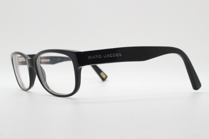 Marc Jacobs rectangular low profile eye glasses. Chunky plain black gloss acetate optical frames. Prescription eyeglasses. RX spectacles
