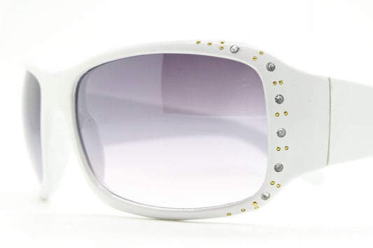 Y2K vintage white shield sunglasses with diamante. Definitive 2000s lethal bling wrap around mini mask with curved lenses. Unused NOS visor