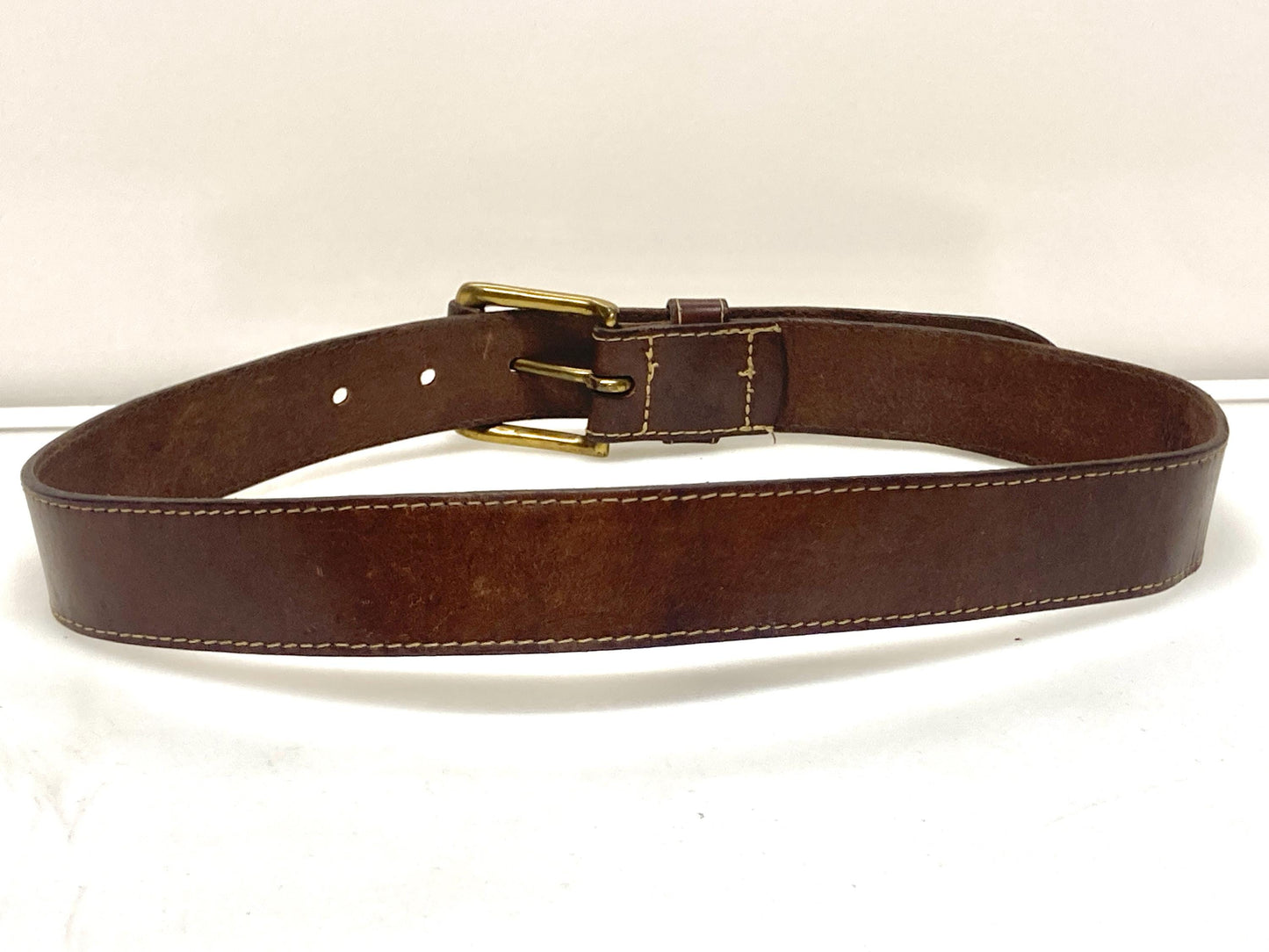 80s vintage brown genuine leather belt with covered brass buckle for jeans or trousers. Substantial quality cowhide made in England by Next