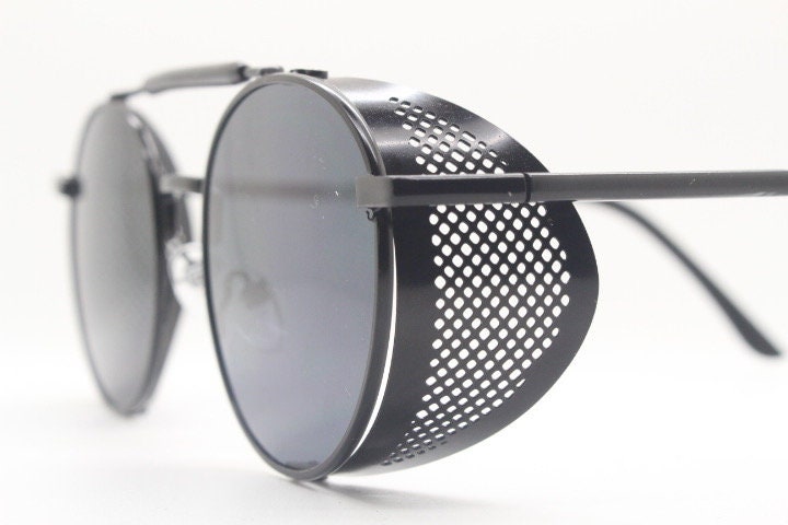 90s vintage round goggle sunglasses. All metal plain black frame with folding perforated side blinkers. Spoilers. Steampunk. Cosplay. NOS