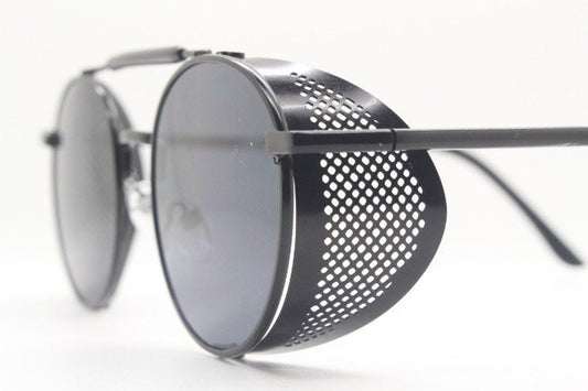 90s vintage round goggle sunglasses. All metal plain black frame with folding perforated side blinkers. Spoilers. Steampunk. Cosplay. NOS
