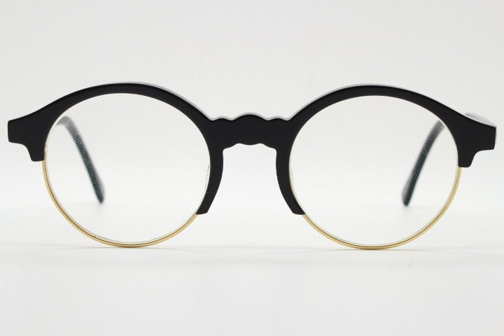 Kaleos round half frame eye glasses. Black gloss acetate browline optical frames with gold underwire. Prescription eyeglasses. RX