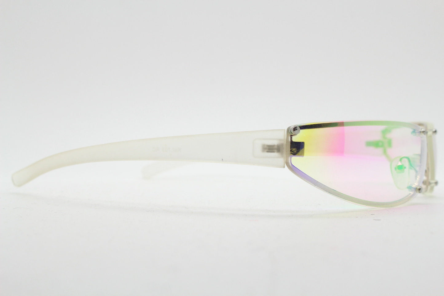 Y2K vintage wraparound sunglasses. Minimal chrome frame with light tone curved gold colour burst mirror lenses. 2000's. 90s. NOS