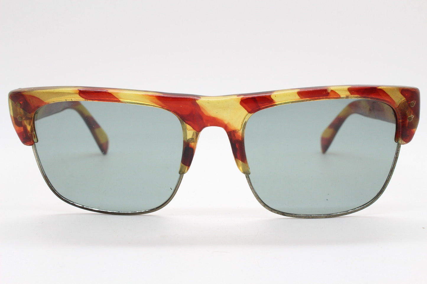 60s vintage low profile wide wayfarer style sunglasses. Mens mod transparent fat arm frame with hand finished print and real glass lenses