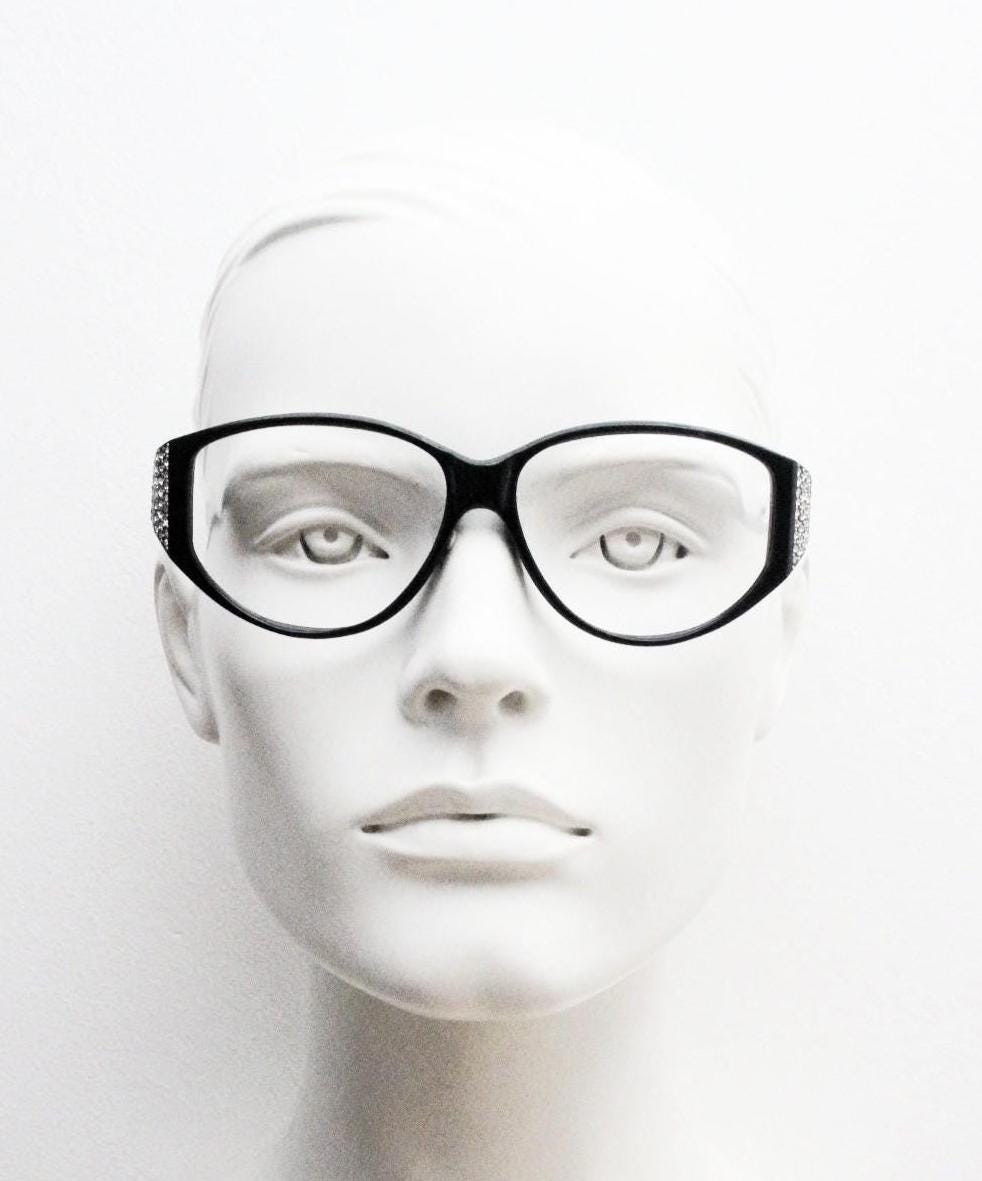 Versace modified cropped cat eye glasses made in Italy. Black gloss acetate optical frames with dramatic diamante. Prescription. Vintage NOS