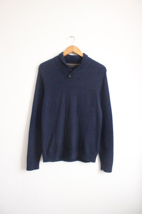 Ted Baker knit shawl collar jumper with cross weave panel. Mens dark blue fitted golf design pullover in luxury alpaca. Vintage sweater