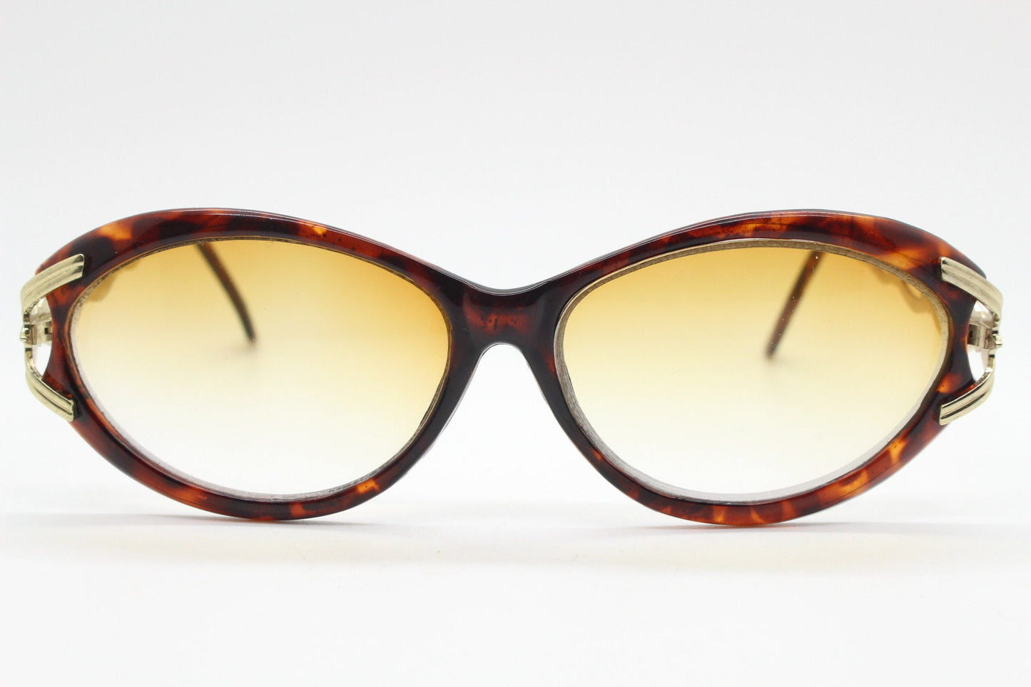 90s vintage oval cateye sunglasses. Womens honey tortoise frame with dynamic metal chain link arms and extra light tone lenses. Unused NOS