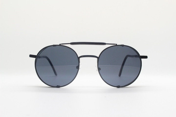 90s vintage round goggle sunglasses. All metal plain black frame with folding perforated side blinkers. Spoilers. Steampunk. Cosplay. NOS