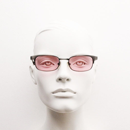 90s vintage rectangular sunglasses with bright pink lenses. Solid metal low profile frame in a brushed bronze finish. Y2K. NOS