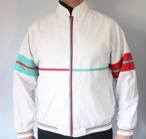 Gabicci Concept Design 80s vintage zip bomber jacket in white with green and red mirror image stripe details. Mens round neck. Cult casuals