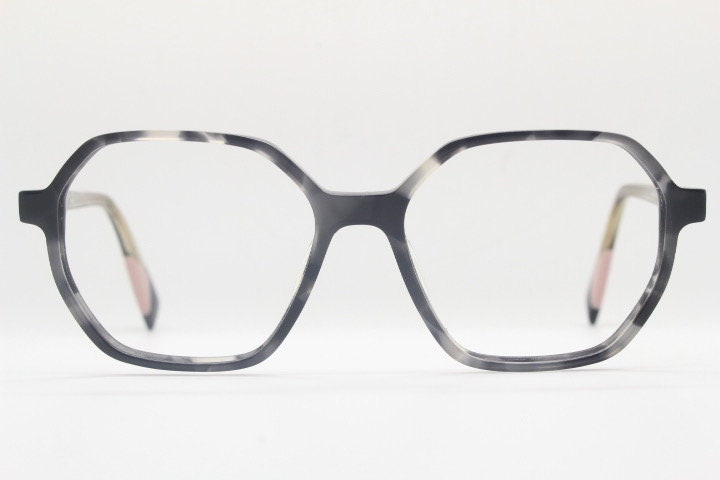 Furla hexagon eye glasses. Grey \ clear marbled acetate optical frame with transparent arms. Vintage prescription RX spectacles. RRP 135 GBP