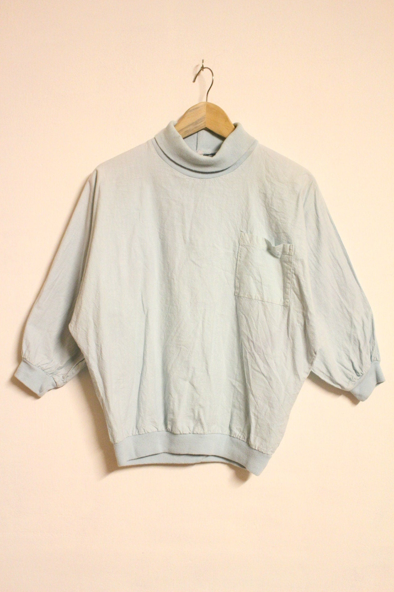 80s Vintage pastel green pullover. 3 quarter sleeve polo neck jumper. Womens sweatshirt. Made in England