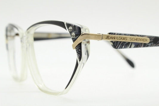 Jean Louis Scherrer 80s vintage cat eye glasses made in France. marbled grey / clear acetate optical frame. Diamante RX prescription cateye