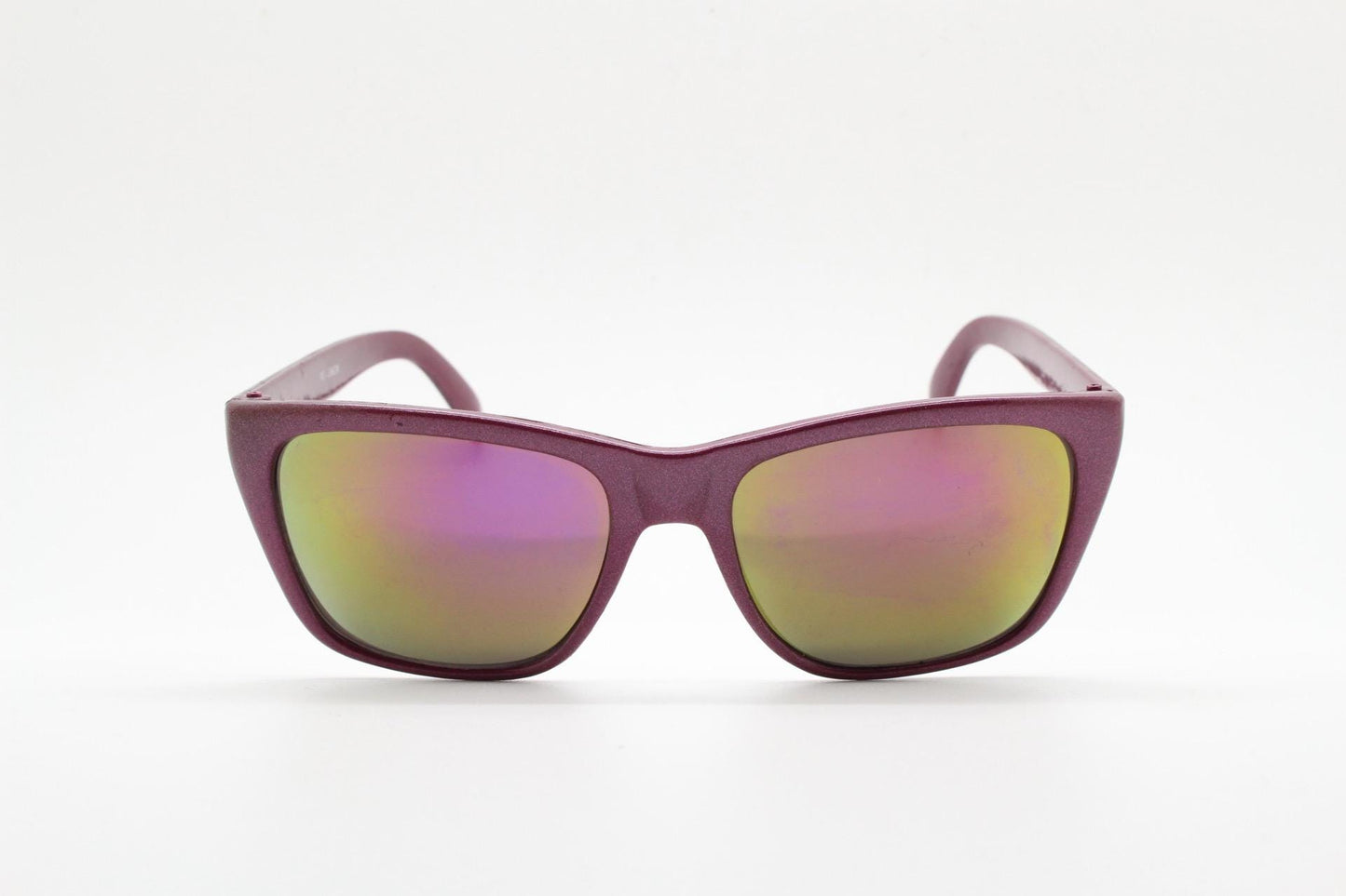 80s vintage square cat eye sunglasses. Pointed purple frame with reflective gold mirror lenses. Rockabilly cateye. VGC NOS