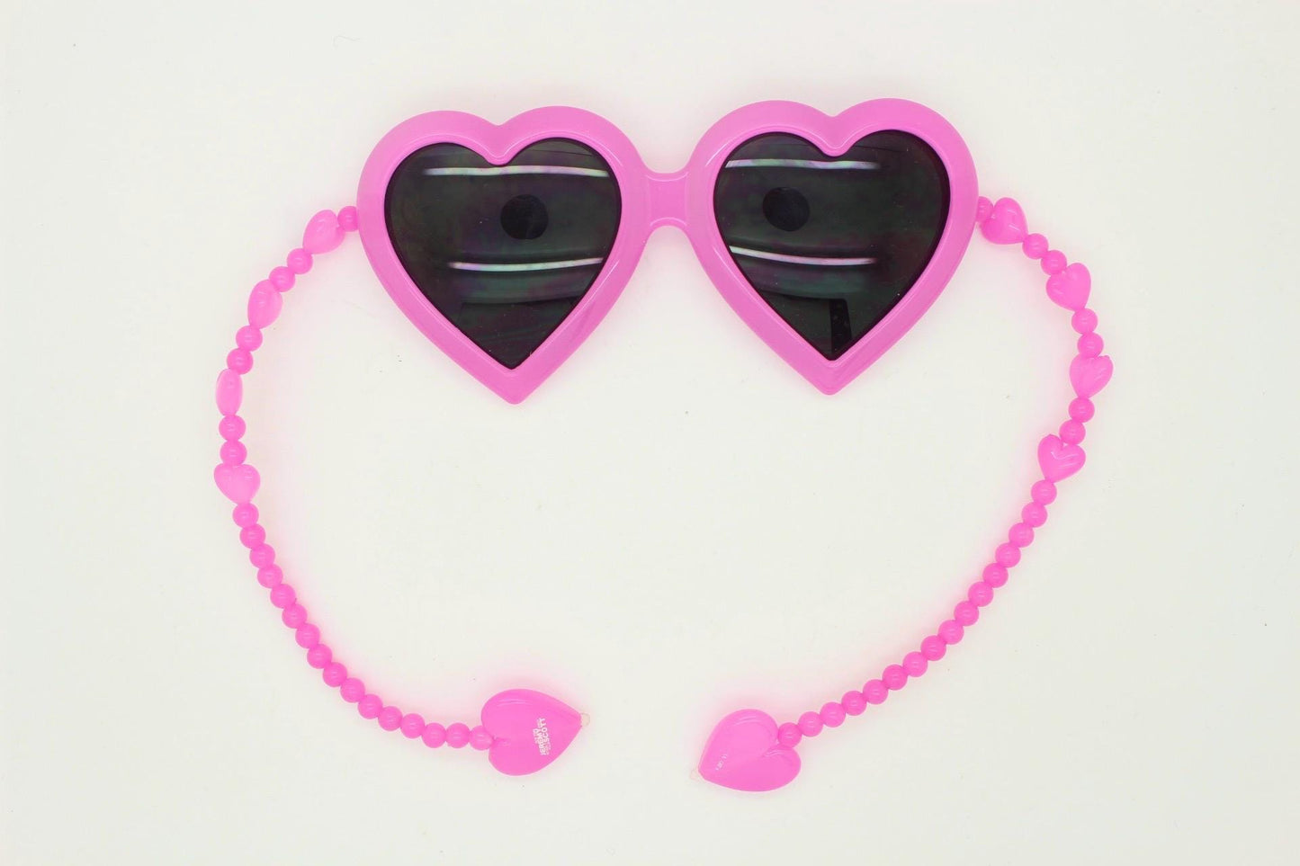 Jeremy Scott heart sunglasses made by Linda Farrow. Candy pink frame with awesome bead chain arms. Collectors grail. Vintage. NOS Full set