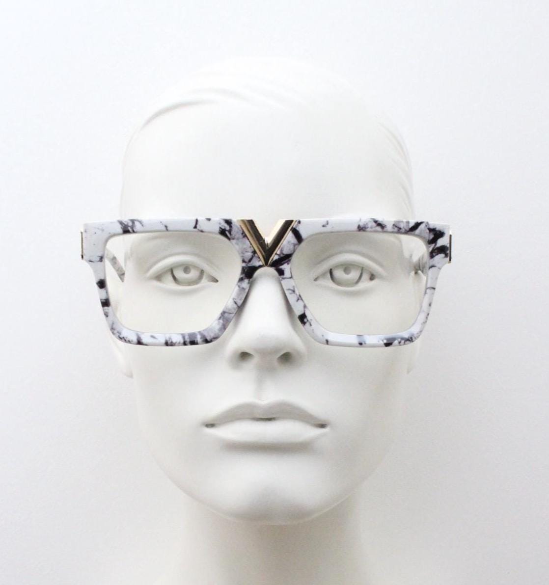 White marble flat top oversized eye glasses. Extreme fashion statement chunky optical frame with V bridge. Prescription. Vintage. RX  NOS
