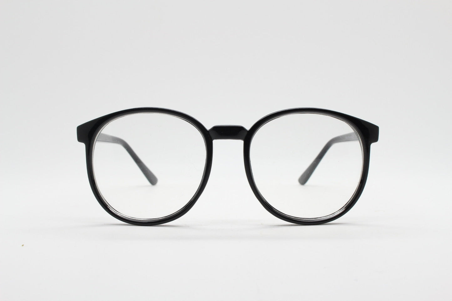 80s vintage black round glasses. Slightly oversized optical frames. Prescription eyeglasses with clear lens. RX spectacles