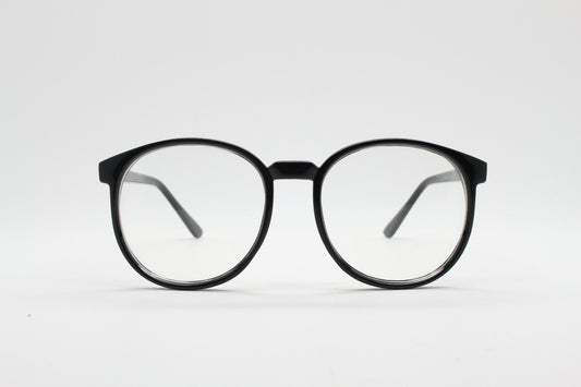80s vintage black round glasses. Slightly oversized optical frames. Prescription eyeglasses with clear lens. RX spectacles