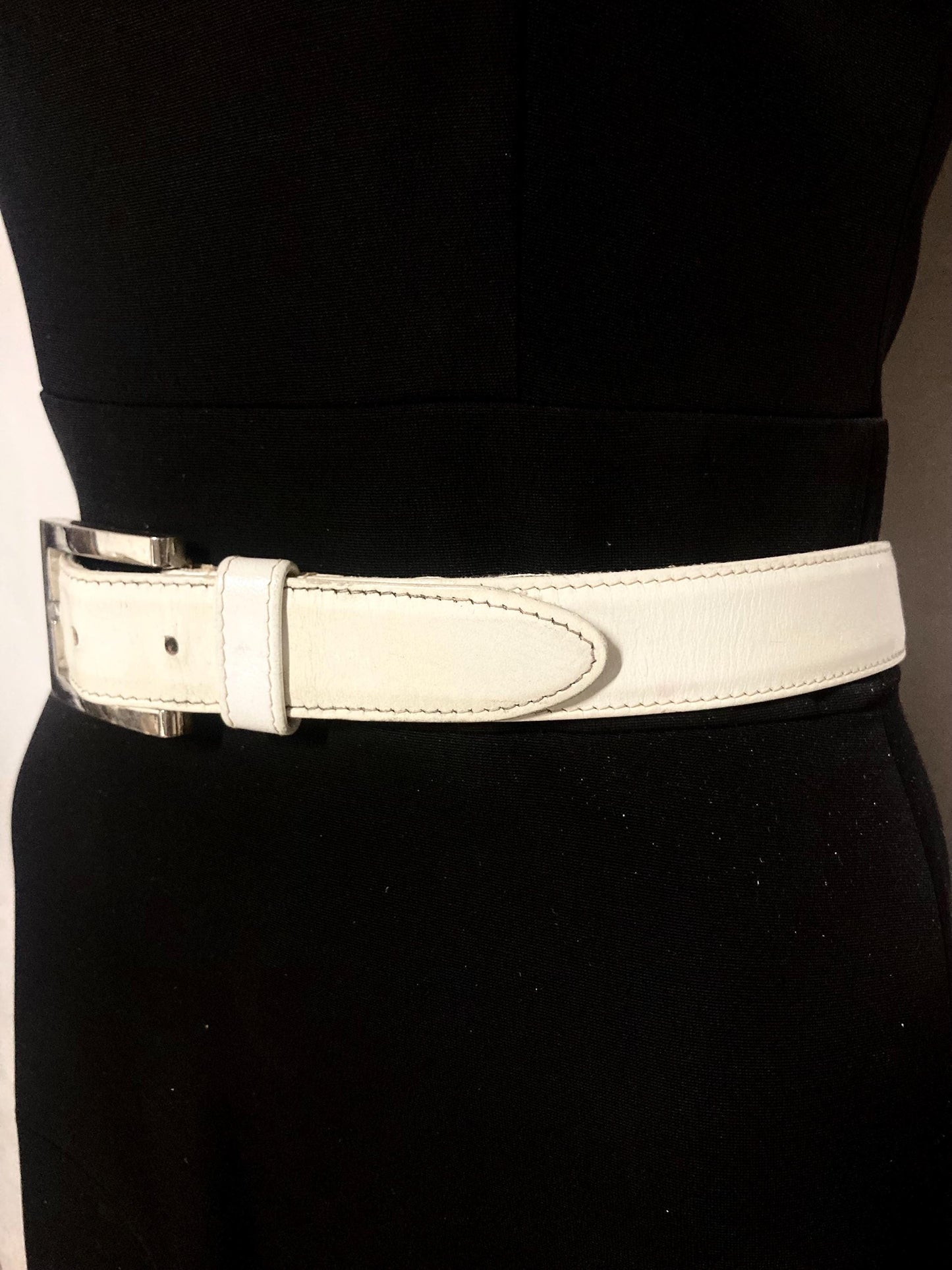 90s vintage womens dress or jeans belt by French Connection. Plain white genuine leather with chrome solid brass buckle. Made in England