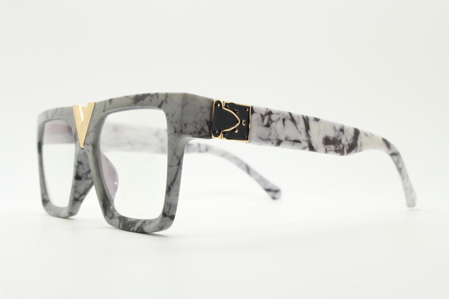 Grey marble flat top oversized eye glasses. Extreme fashion statement chunky optical frame with V bridge. Prescription. Vintage. RX  NOS