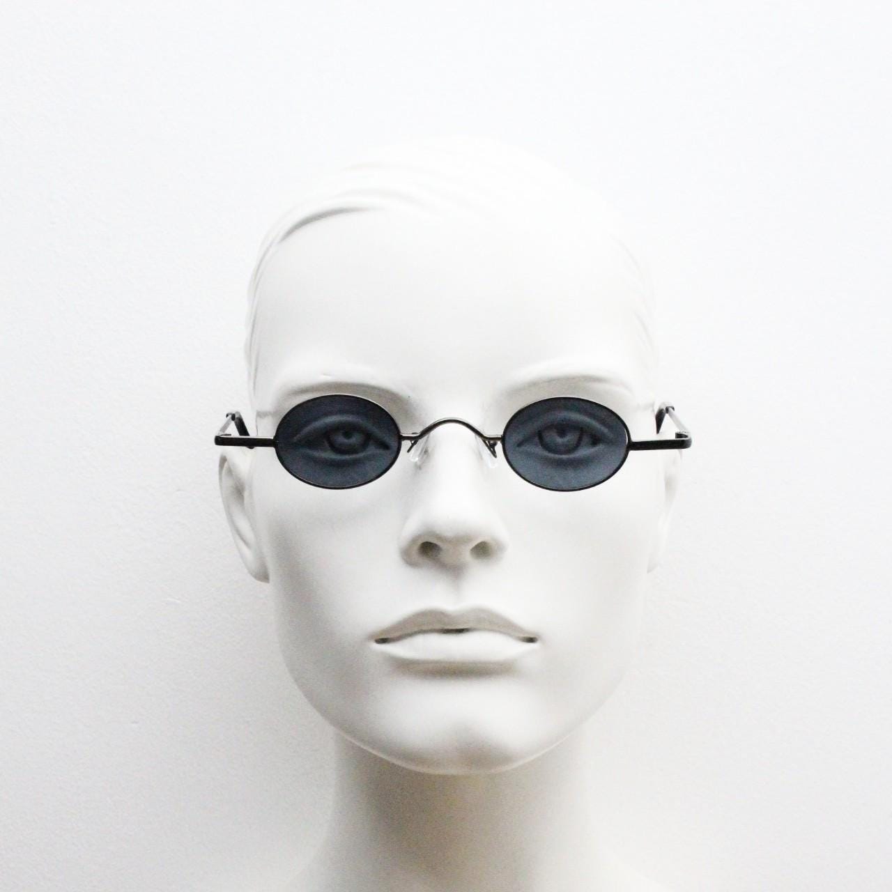 90s vintage small oval sunglasses. Imposing minimal grey gloss metal victorian antique style frame. Steampunk. Unused NOS