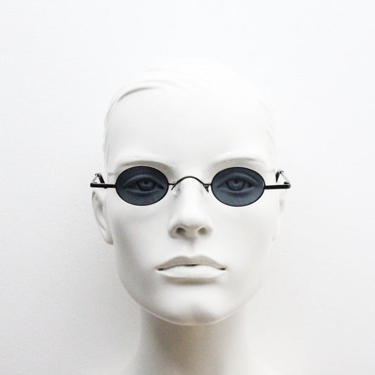 90s vintage small oval sunglasses. Imposing minimal grey gloss metal victorian antique style frame. Steampunk. Unused NOS