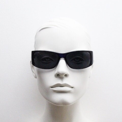 Assoluto 90s vintage wrap around rhinestone shield sunglasses made in Italy. Deep blue acetate frame with dazzling diamante circles. NOS
