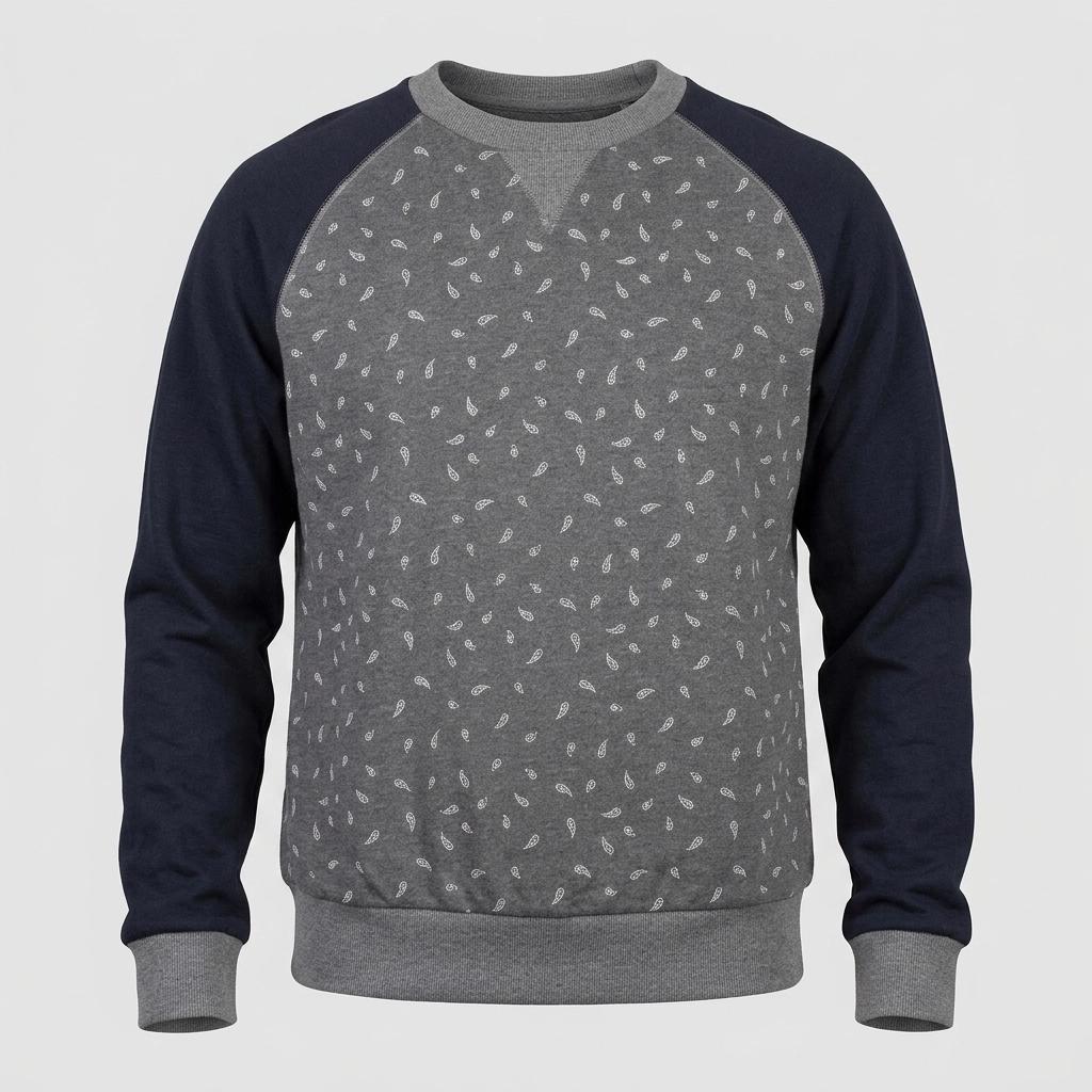 Grey paisley sweatshirt with navy blue sleeves. Mens crew neck pullover. Fitted round neck jumper size medium