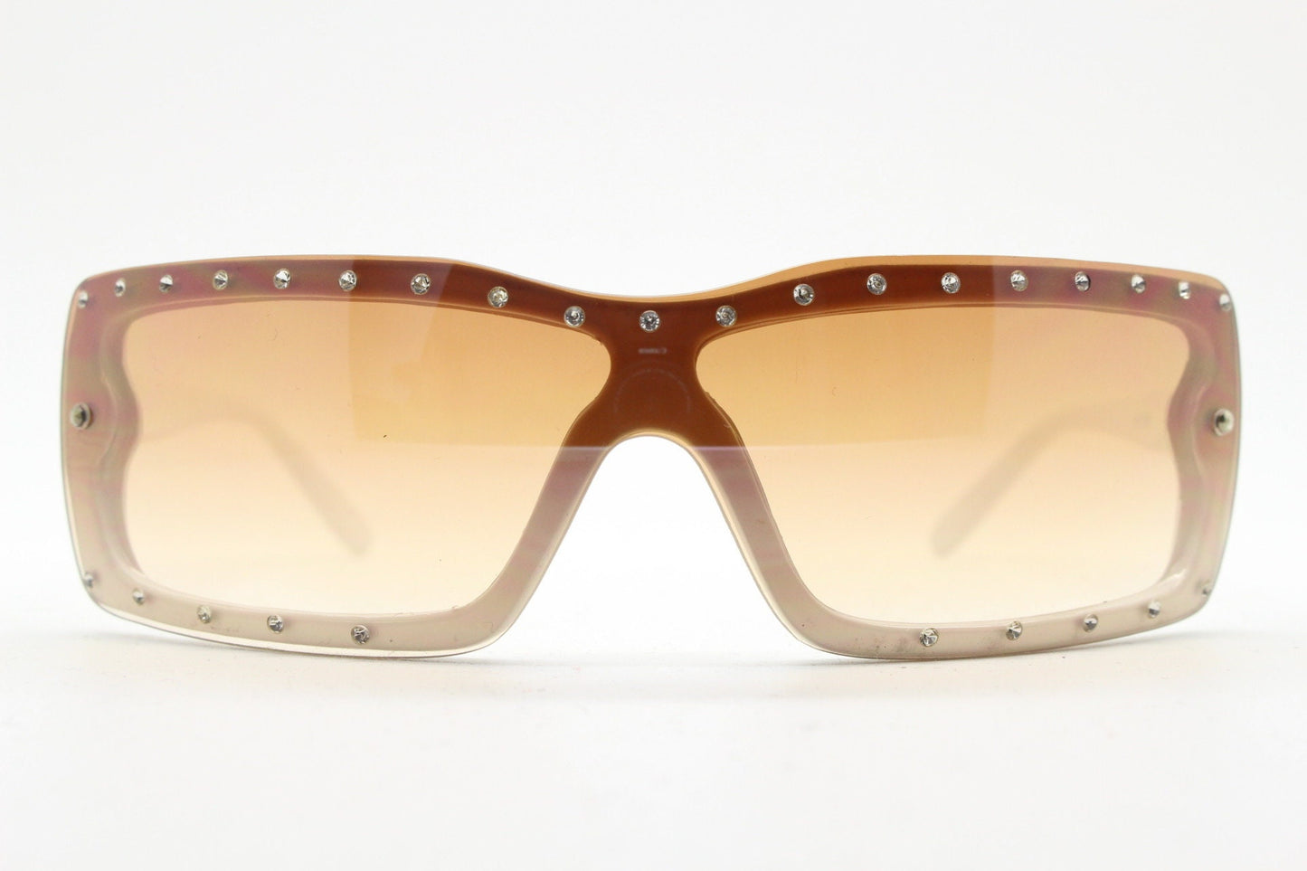 Y2K vintage shield sunglasses with diamante. Brown and white wrap around mini mask style with curved mono lens. 2000s unused NOS. Visor