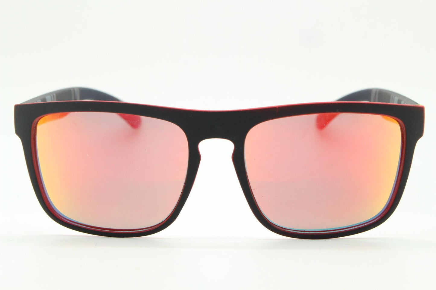 Y2K vintage rectangular sunglasses. Black and orange rubber finish frame with intense gold mirror lenses. Modified wayfarer. 2000's NOS
