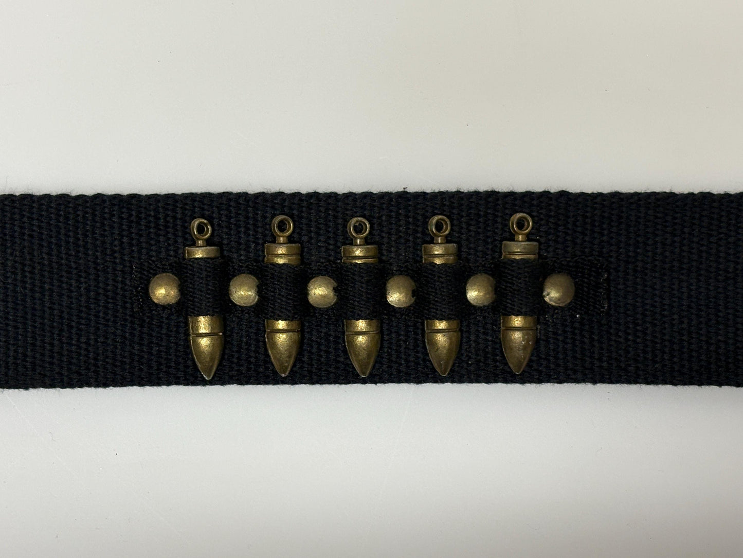 90s vintage army webbing bullet belt. Thick black canvas with distressed metal hardware. Fully adjustable. Bullets incl. Hunting. Webbing