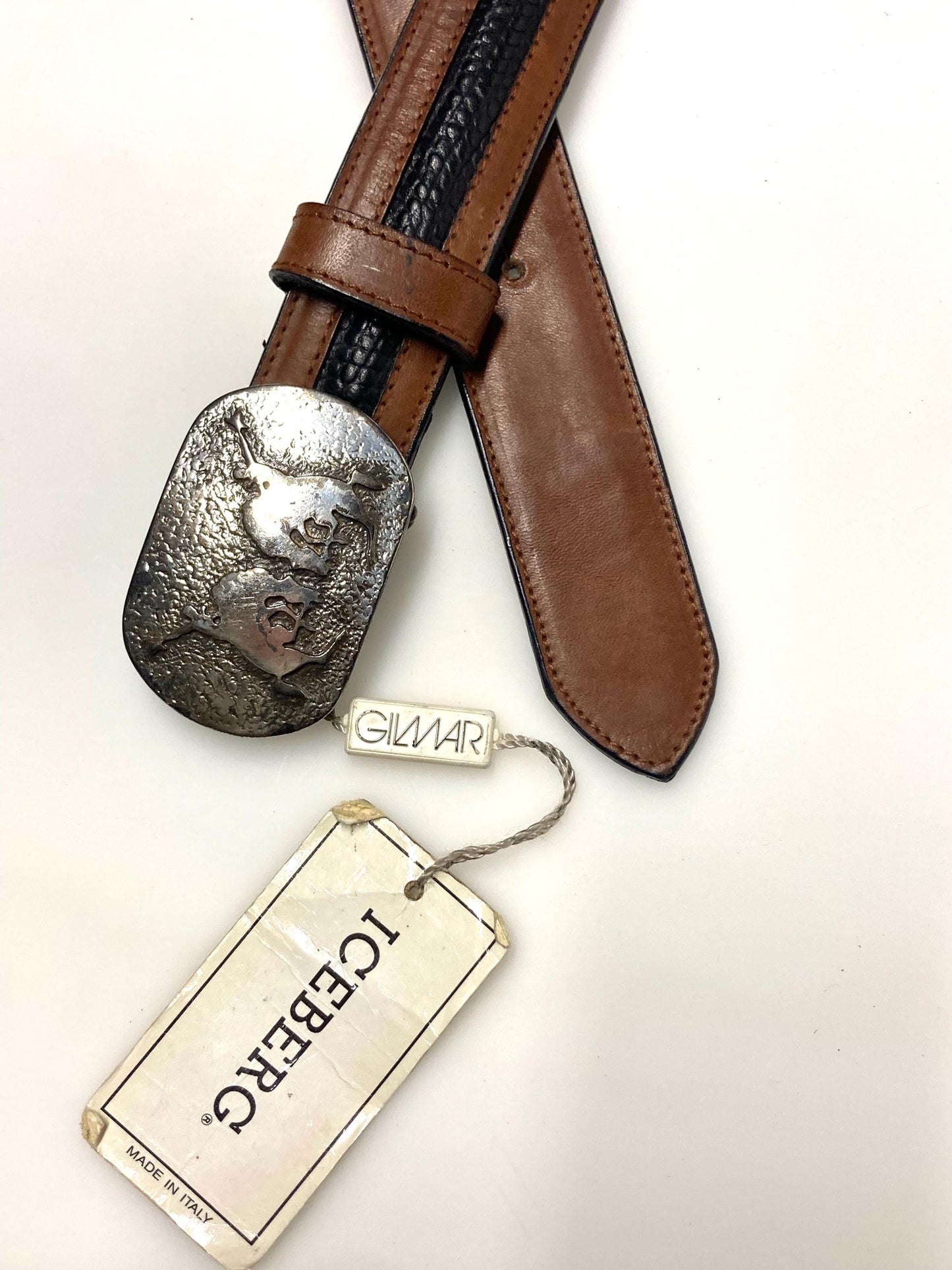 Iceberg 90s vintage black and brown genuine leather belt with big silver buckle depicting bucking bronco's. Made in Italy. BNWT. NOS