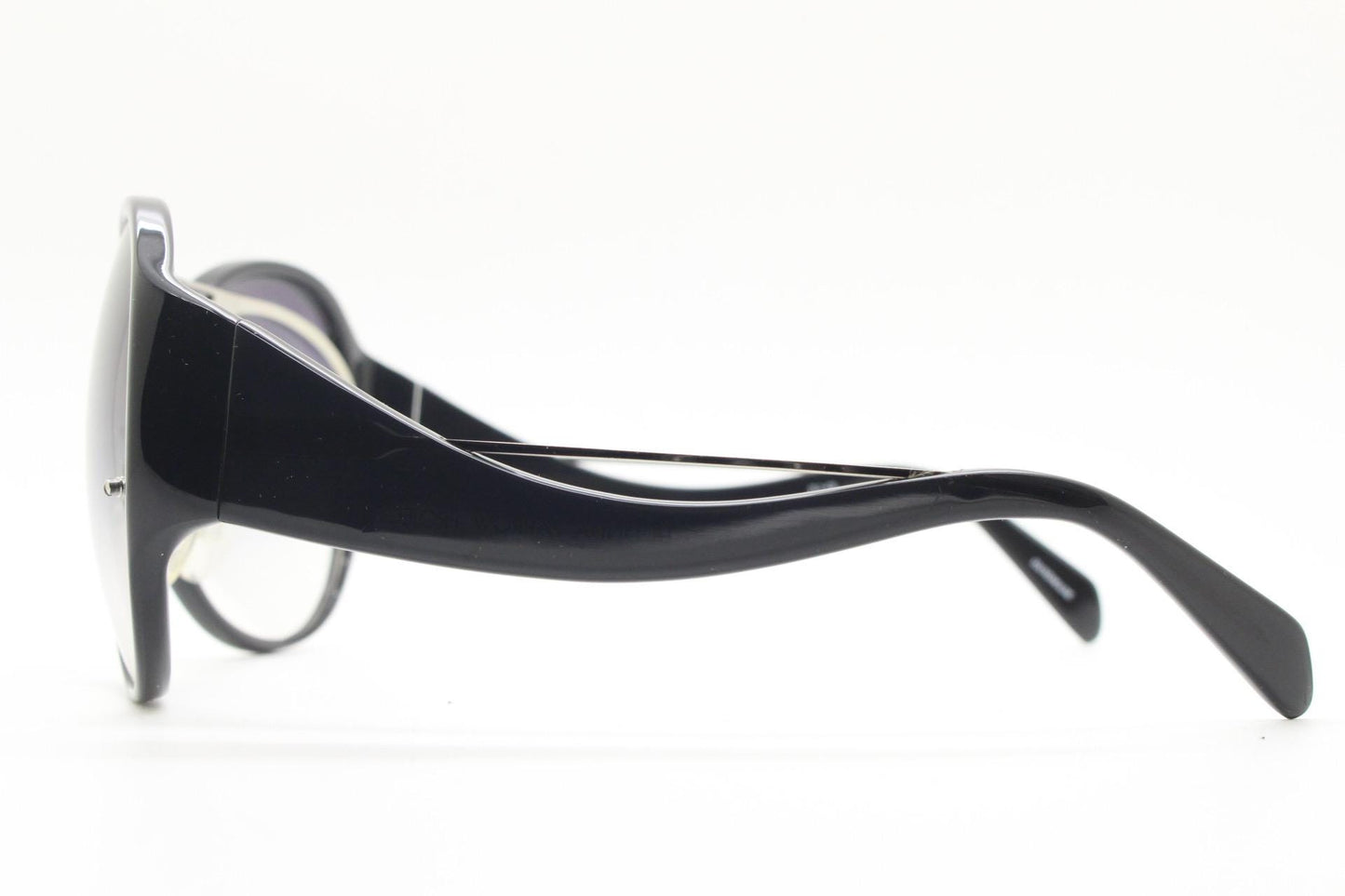 Jens Laugesen oversized sunglasses hand made by Linda Farrow. Black frame with undulating arms and smoky lenses. 70s design. Vintage. NOS