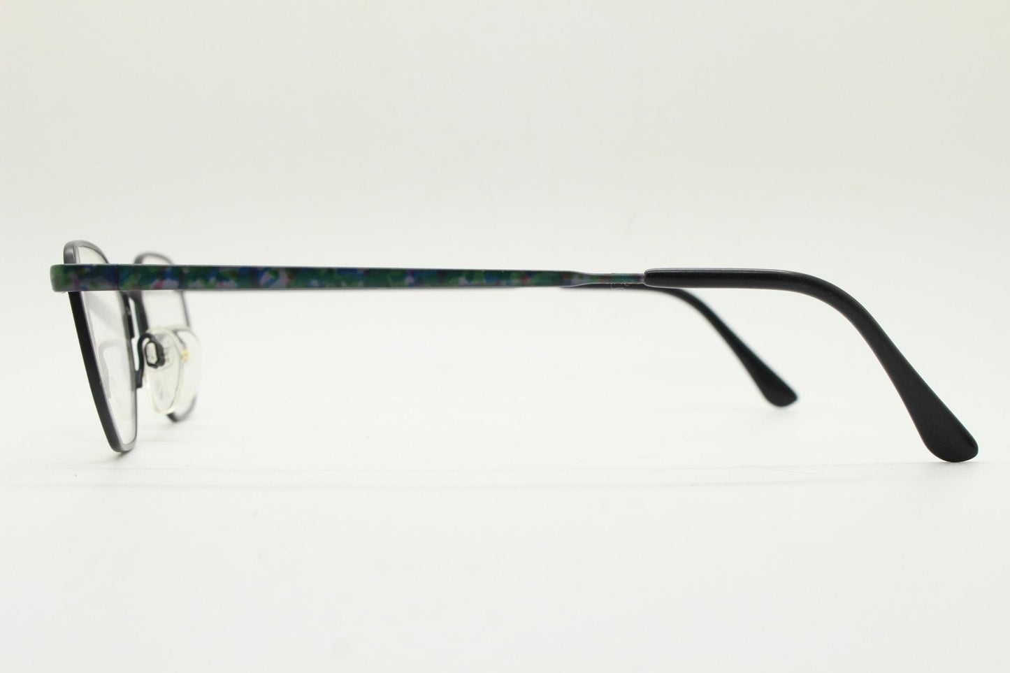 Eschenbach 90s vintage angular octagon eye glasses. Sharp matt black optical frame with blue marbled arms. Prescription RX spectacles. NOS