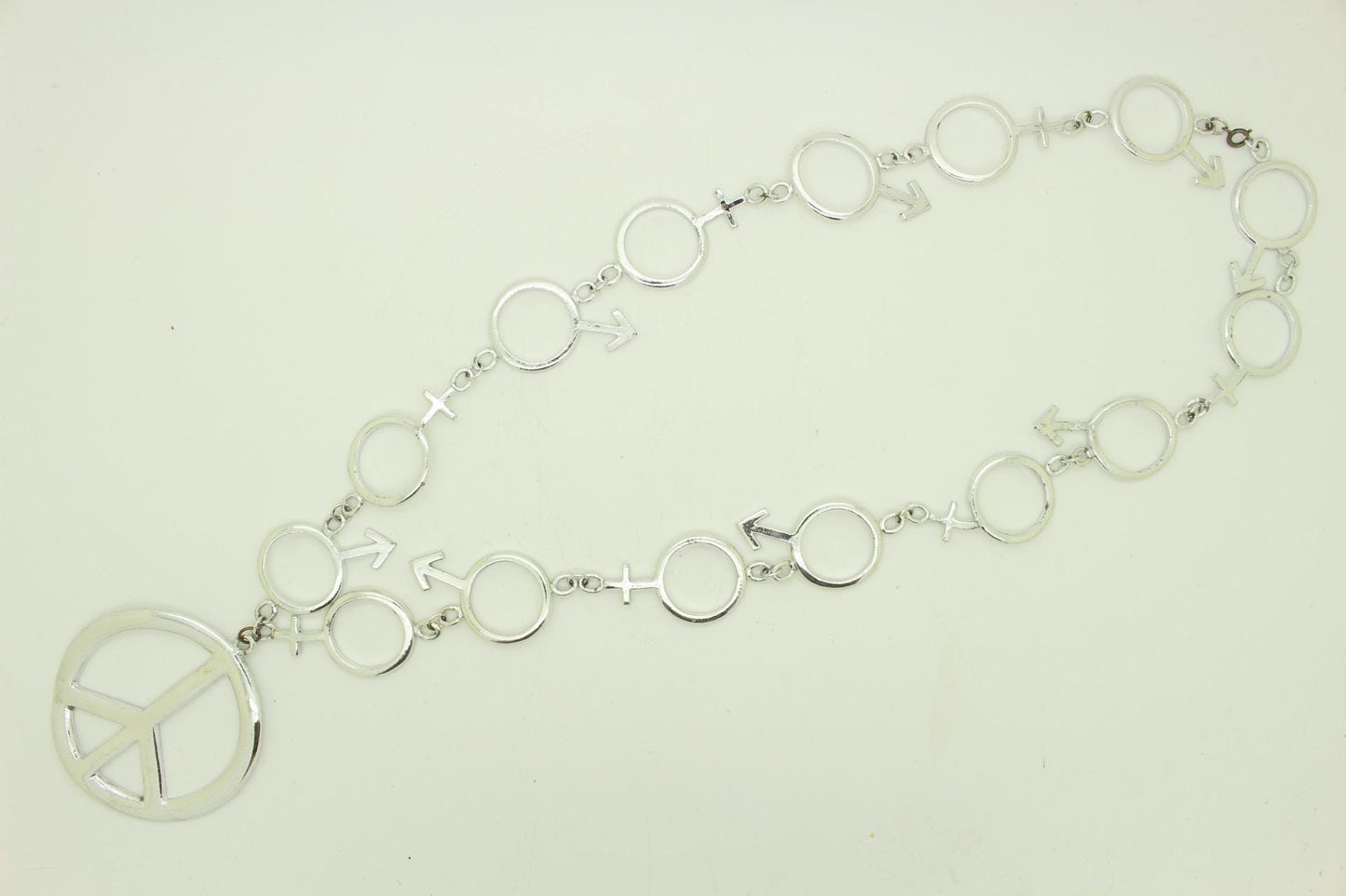 90s vintage massive chain necklace. Bombastic silver chrome with CND 'peace' emblem. Essential original ravers accessory. Unused NOS