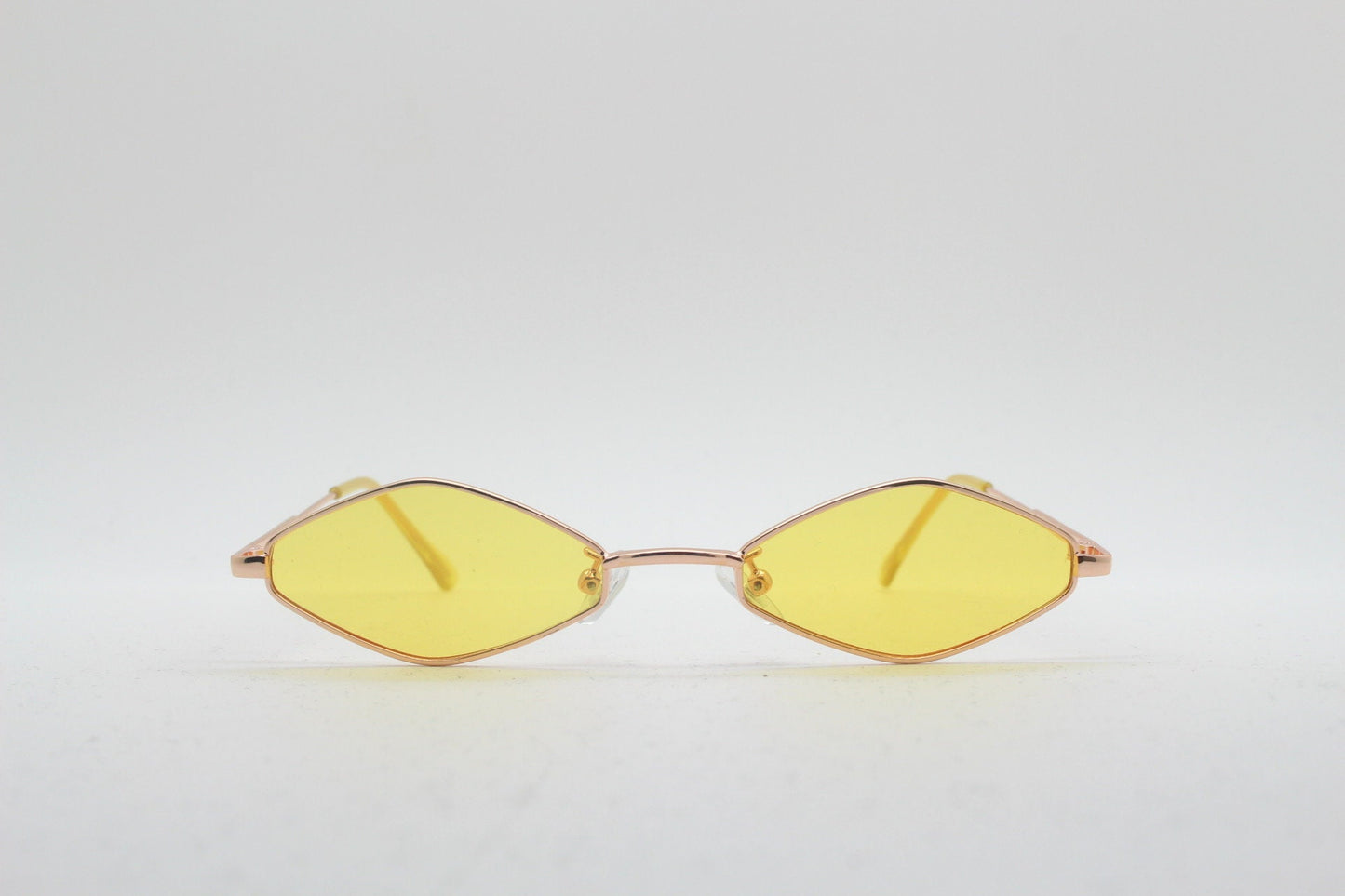 90s vintage small diamond sunglasses. Minimal gold psychedelic mod style frame with bright yellow lenses. Unused BNWT