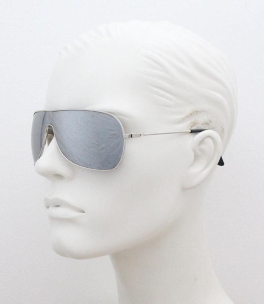 Y2K vintage visor sunglasses. 2000's wraparound mini mask shield design with silver mirror mono lens. Small square aviator 00's NOS. 90S