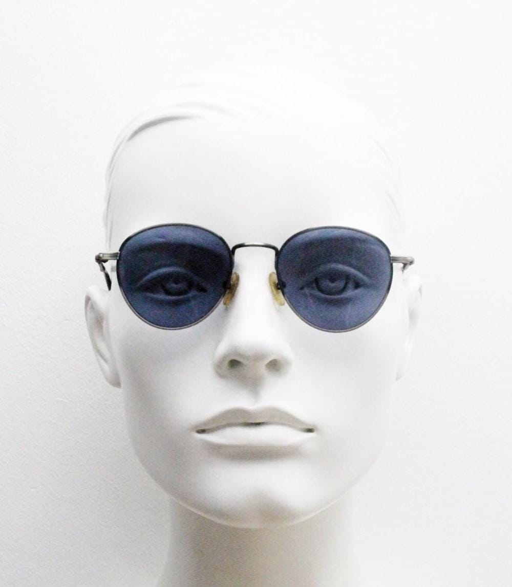90s vintage metal oval sunglasses. Minimal brushed bronze finish brown frame with grey lenses and detailed arms. Steampunk. Panto. NOS
