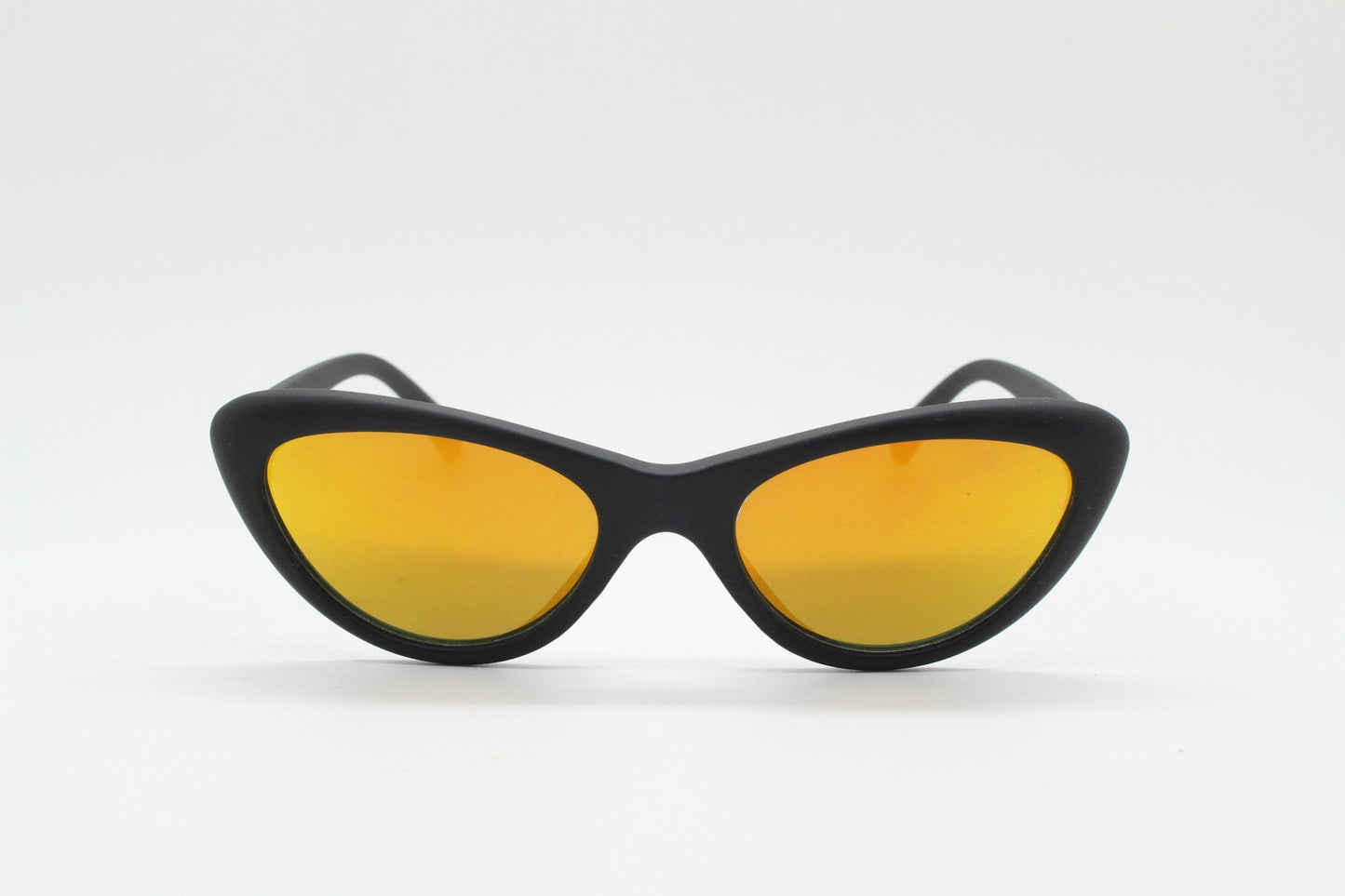 Vintage 90s oval cat eye sunglasses. Womens black rubber finish cat eye frame with gold mirror lenses. Rockabilly cats eye. Unused NOS