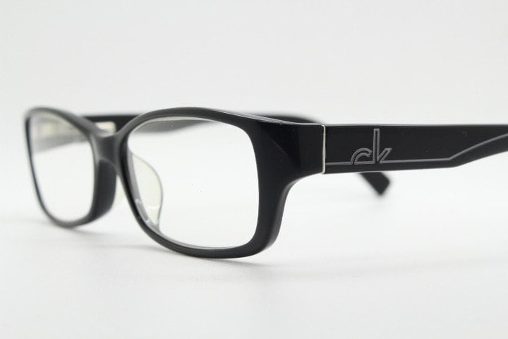 Calvin Klein rectangular glasses model 5714. Black gloss low profile acetate optical frames. Prescription eyeglasses. RX vintage spectacles