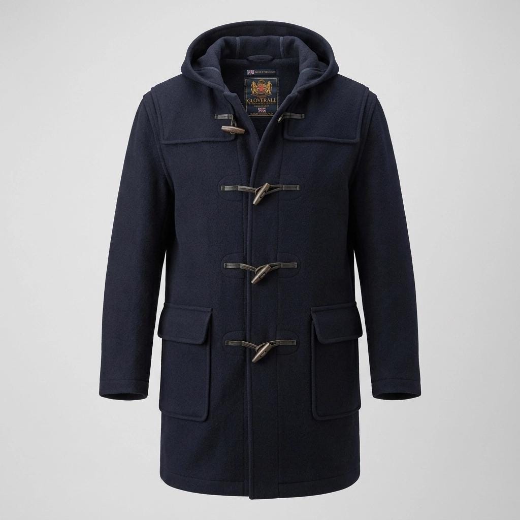 Gloverall knee length Morris wool duffle coat made in England. Buffalo horn toggles with leather loop fastenings. Clearance item -RRP450 GBP