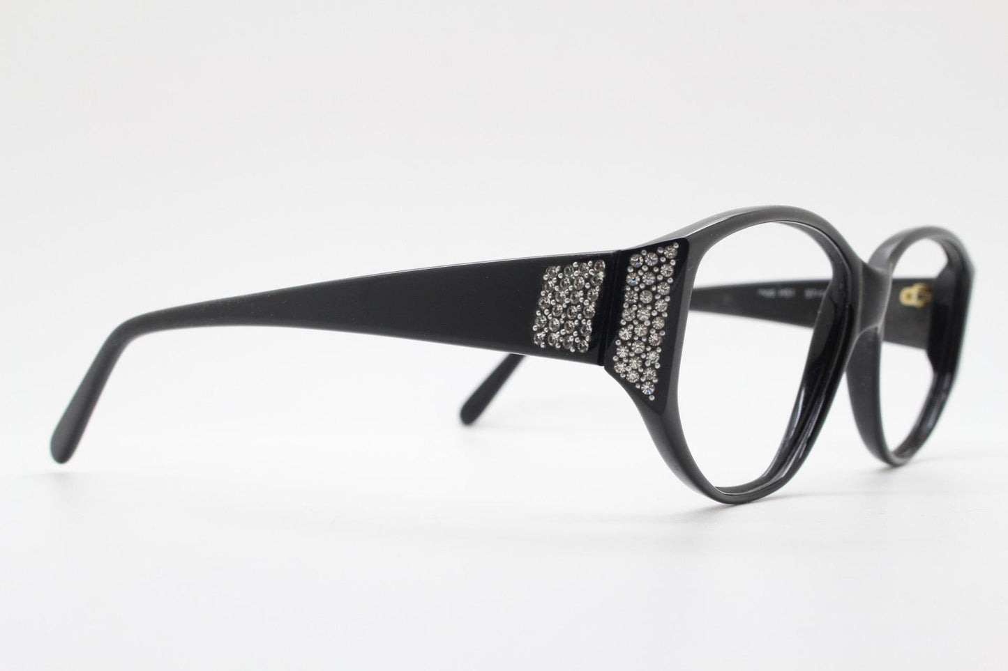 Versace modified cropped cat eye glasses made in Italy. Black gloss acetate optical frames with dramatic diamante. Prescription. Vintage NOS