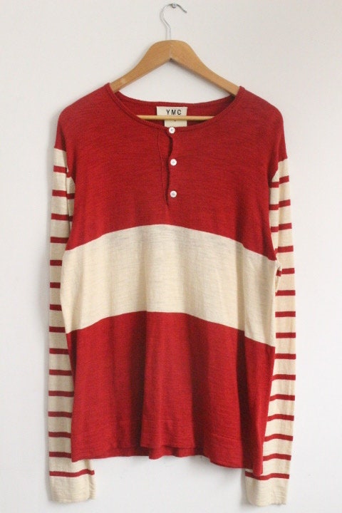 YMC vintage knit jumper in red and white stripes. Mens 3 button round neck sweater. BNWT. Designer pullover. One off NOS sample. Breton