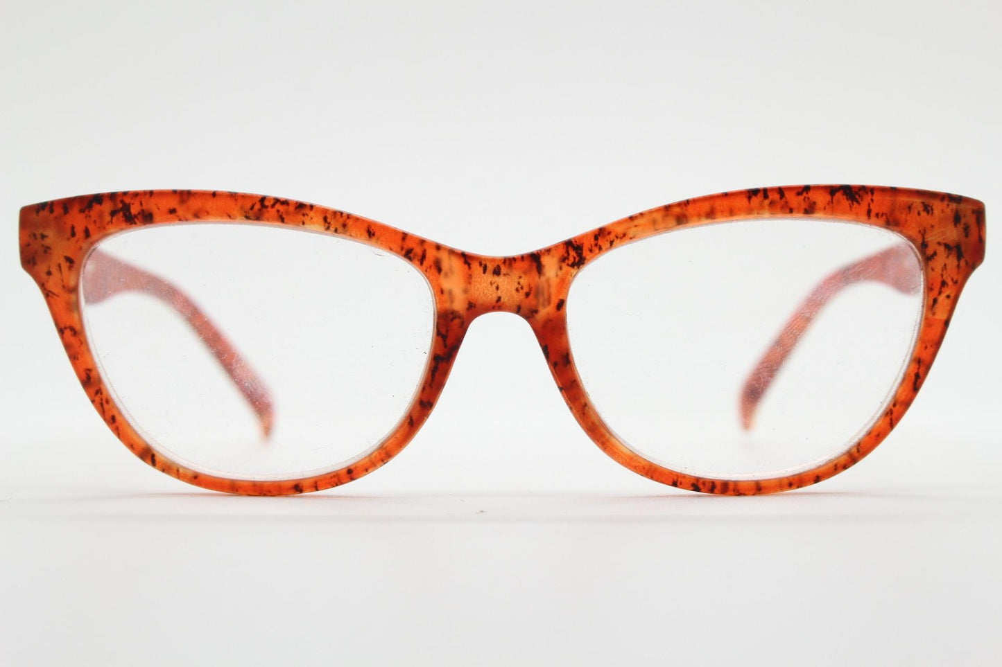 Y2K Vintage cat eye glasses. Transparent frosted cateye optical frames in speckled orange tiger pattern. Prescription. RX Spectacles