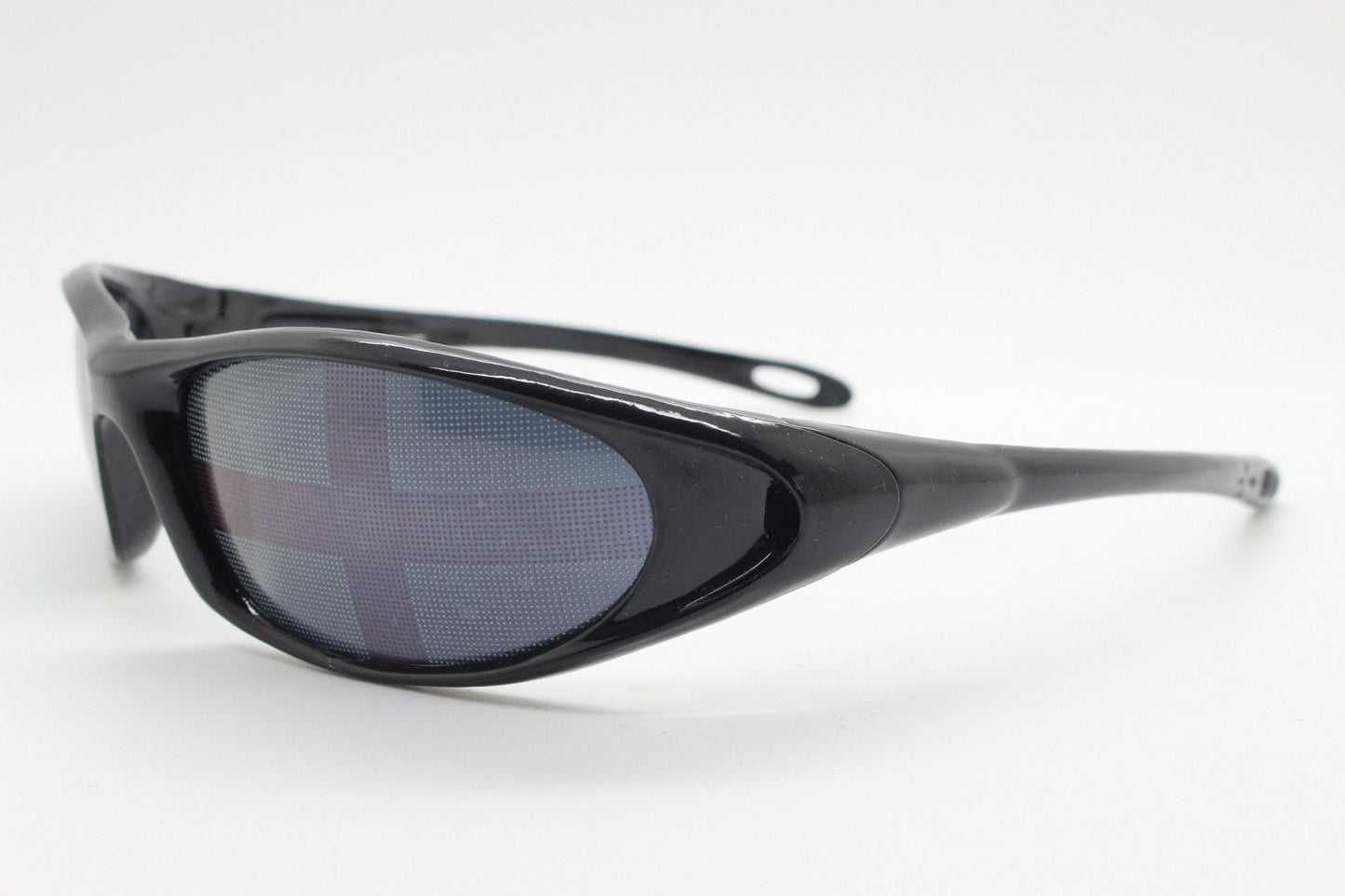 90s vintage England flag shield sunglasses. Wrap around black visor frame with white and red target print. Unused NOS. Brit pop. Cosplay