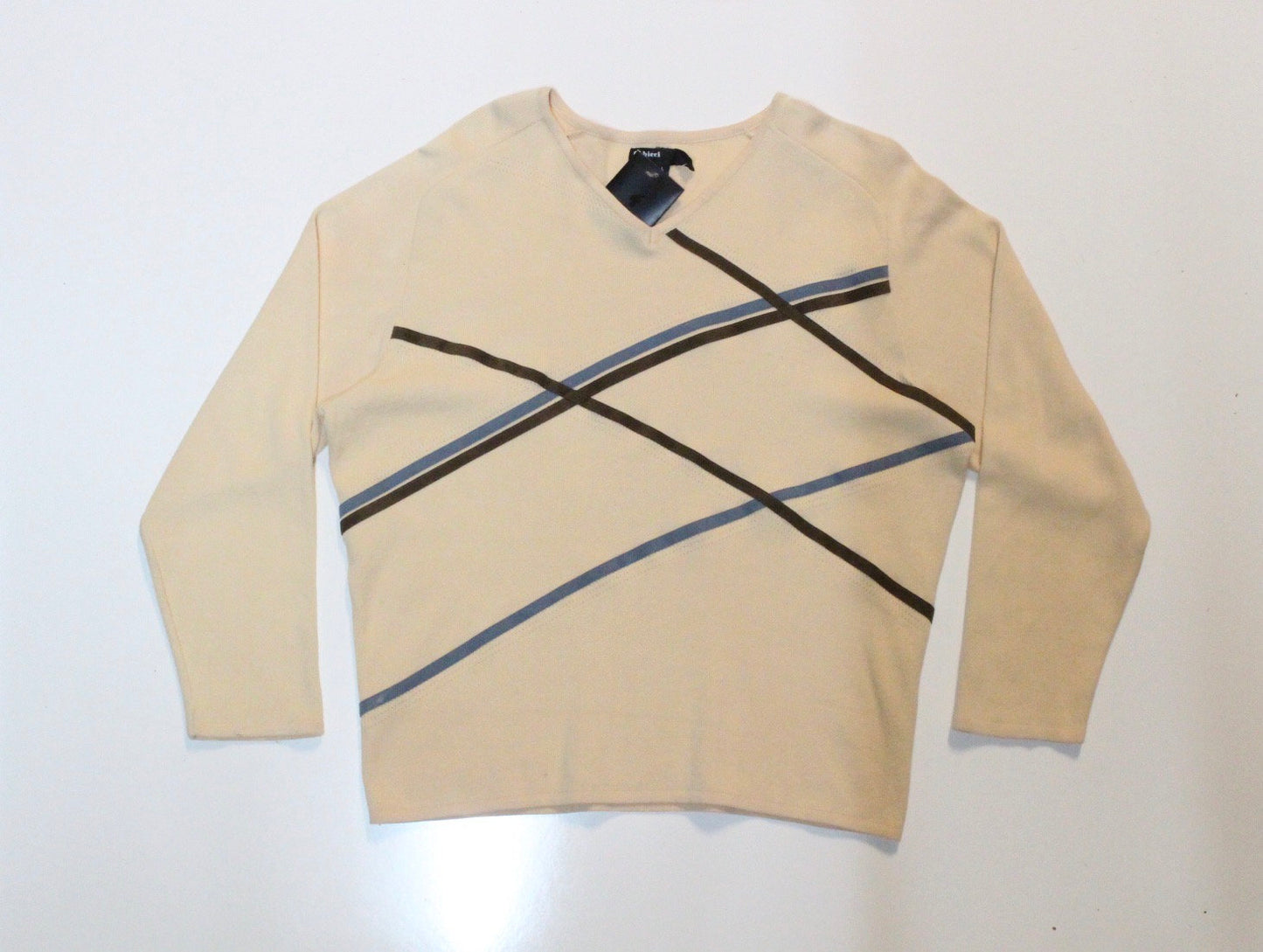Gabicci vintage cotton knit argyle jumper in yellow with brown stripes. Mens crew neck sweater. BNWT. Round neck pullover